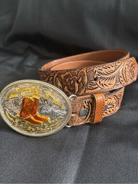 Wrangler Tooled Brown Leather Belt with Gold & Silver Cowboy Boot Buckle